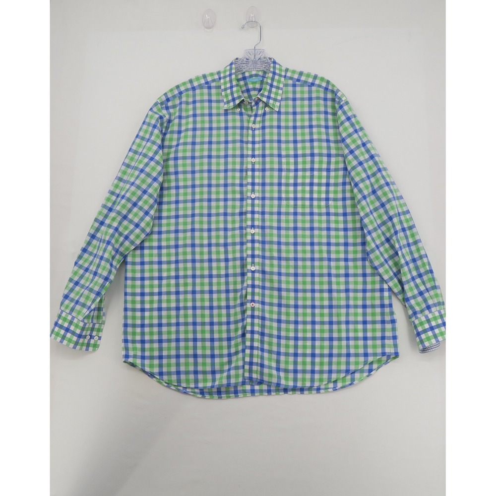 J.McLaughlin Men XL ButtonDown Shirt Green Blue Gingham Check Cotton Long Sleeve